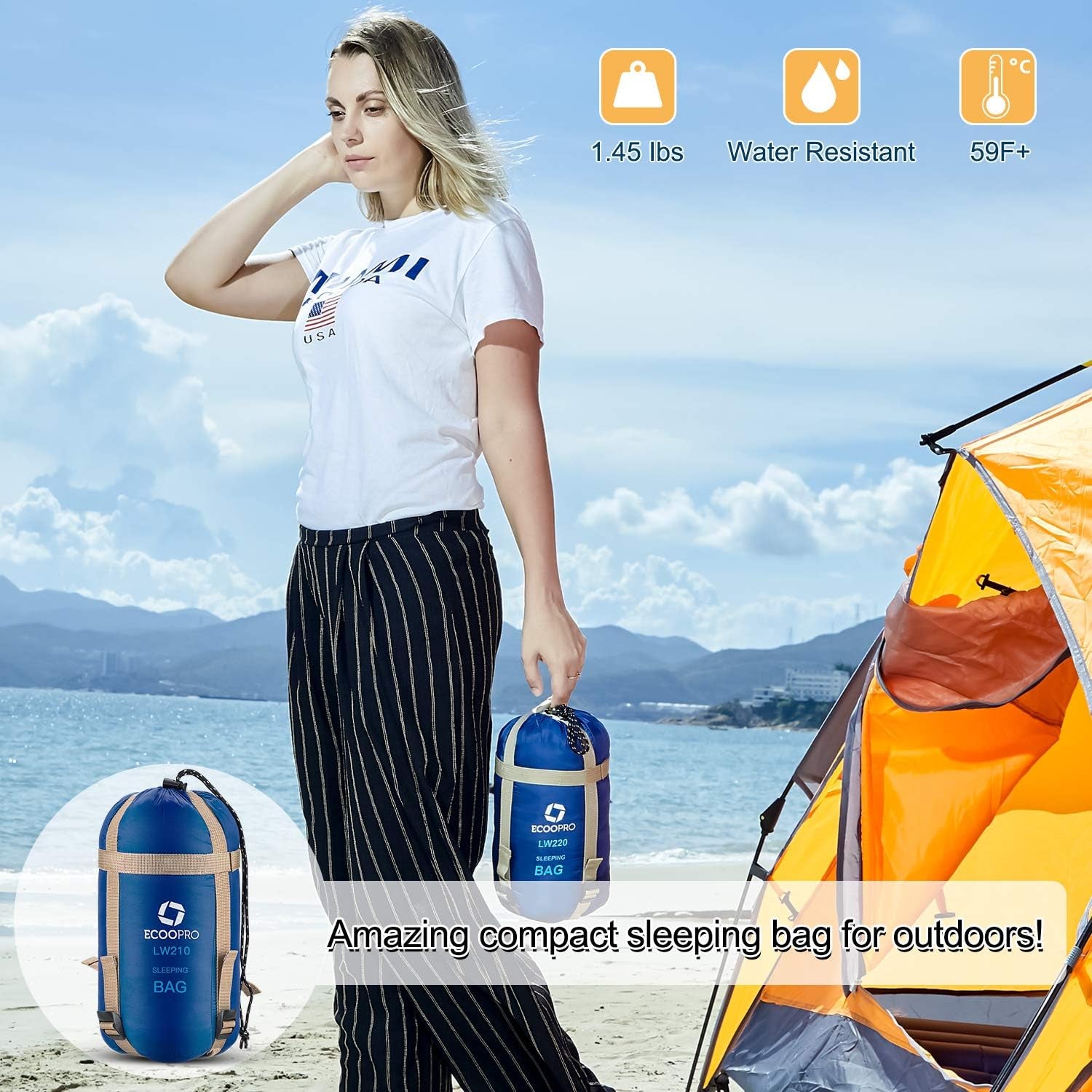 Warm Weather Sleeping Bag - Portable, Waterproof, Compact Lightweight, Comfort with Compression Sack - Great for Outdoor Camping, Backpacking & Hiking-83 L X 30" W Fits Adults