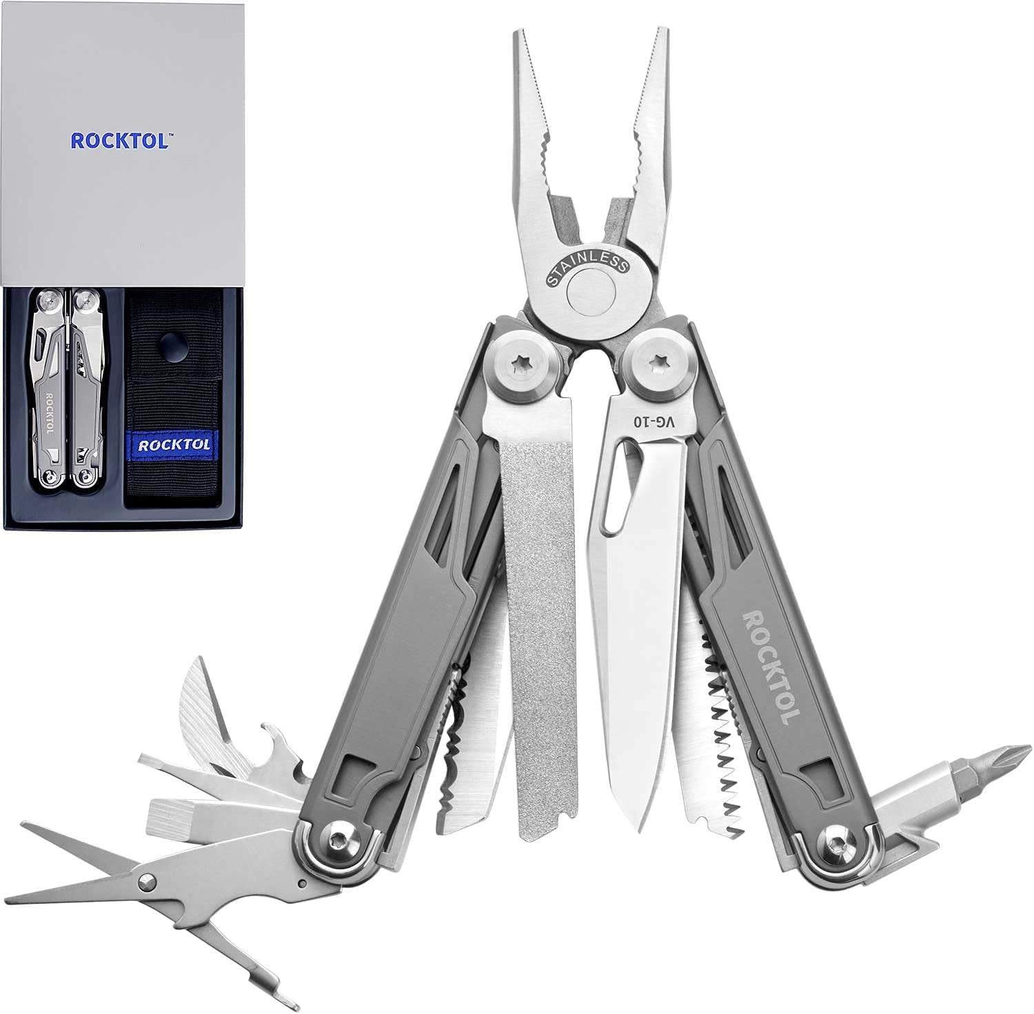 Multitool SK02, VG-10 Knife,19-In-1 Multi-Tool Pliers with Titanium-Plated Handle,Compact & Lightweight EDC Multi Tool with Nylon Sheath for Men,Outdoor Survival,Hiking,Camping