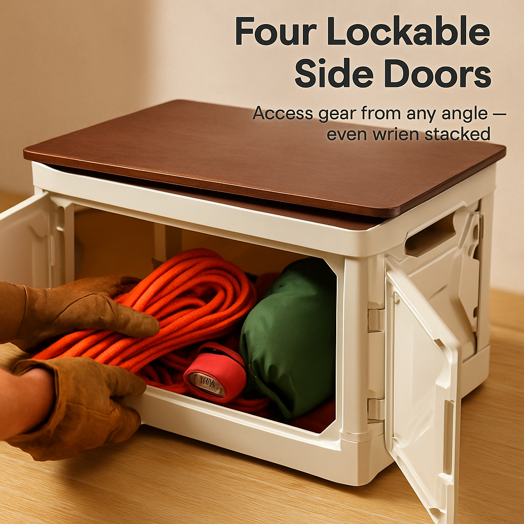 Folding Storage Bin Camping Collapsible Organizer Box Stackable Grocery Container Shelf Baskets with Cutting Board Top Lid 4 Side Lockable Doors Wheel