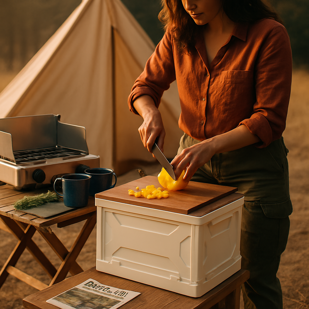 Folding Storage Bin Camping Collapsible Organizer Box Stackable Grocery Container Shelf Baskets with Cutting Board Top Lid 4 Side Lockable Doors Wheel